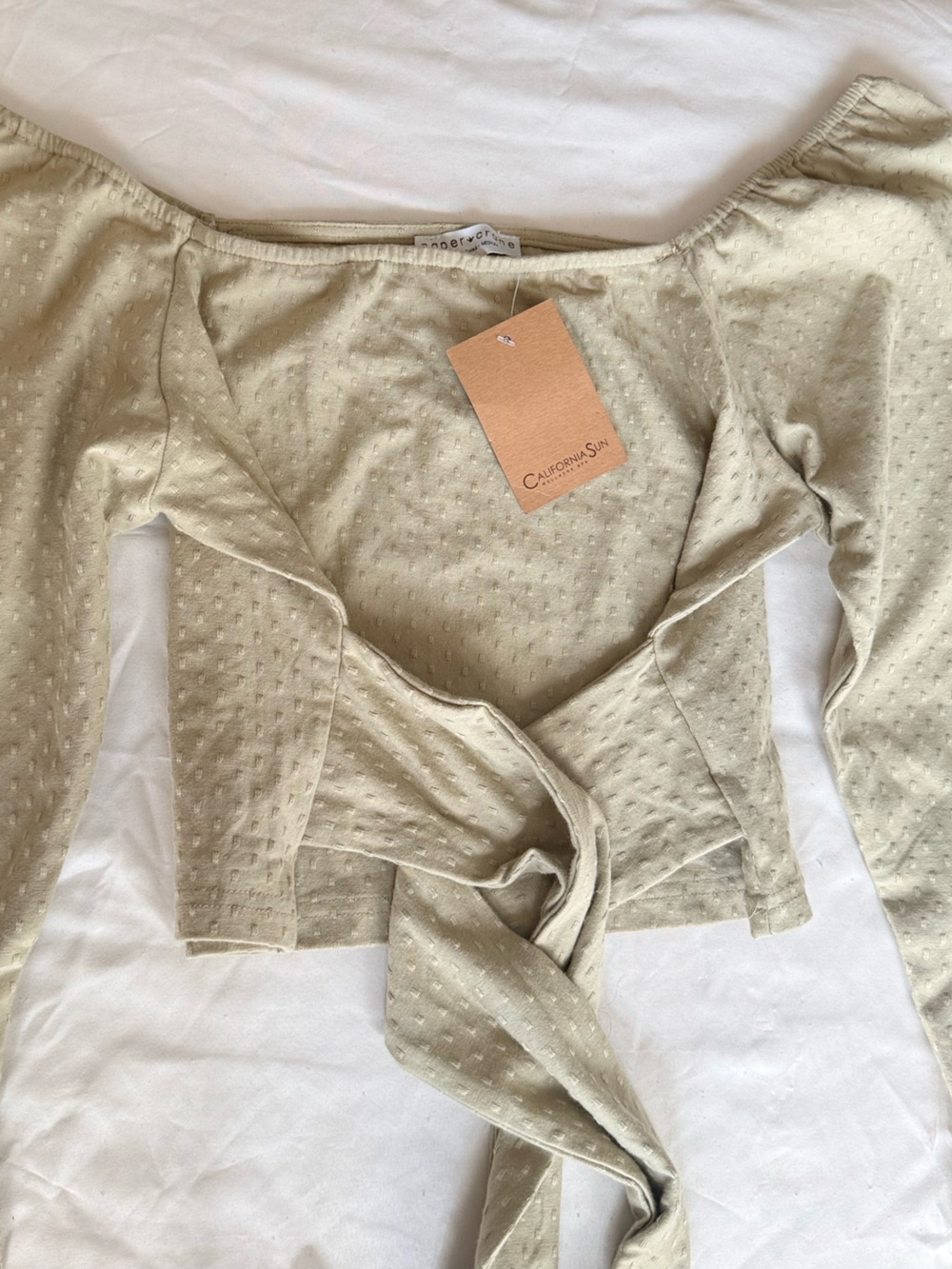 California Sun Sage Tie Front Crop Top with Puff Sleeves